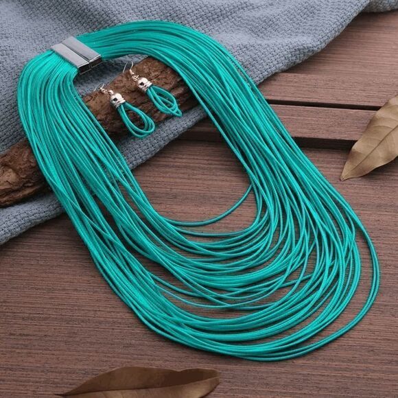 Multi-Layer Turquoise Colored Necklace Earring Jewelry Set - Picture 2 of 3